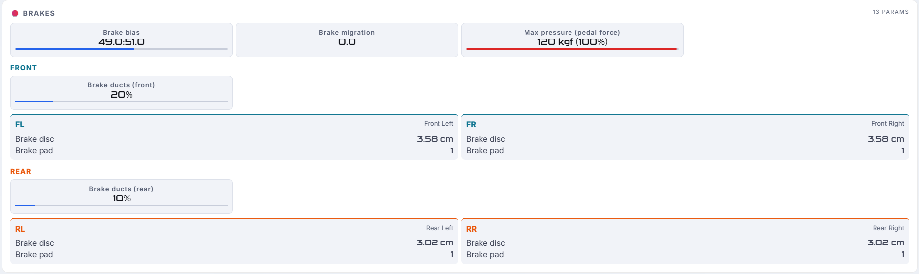 SimRace.app live BRAKES panel — brake bias, max pedal force, front/rear brake-duct percentage and per-corner disc and pad wear